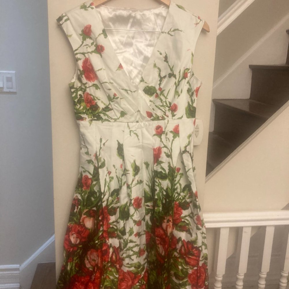Floral V-Neck Fit & Flare Dress in White and Red